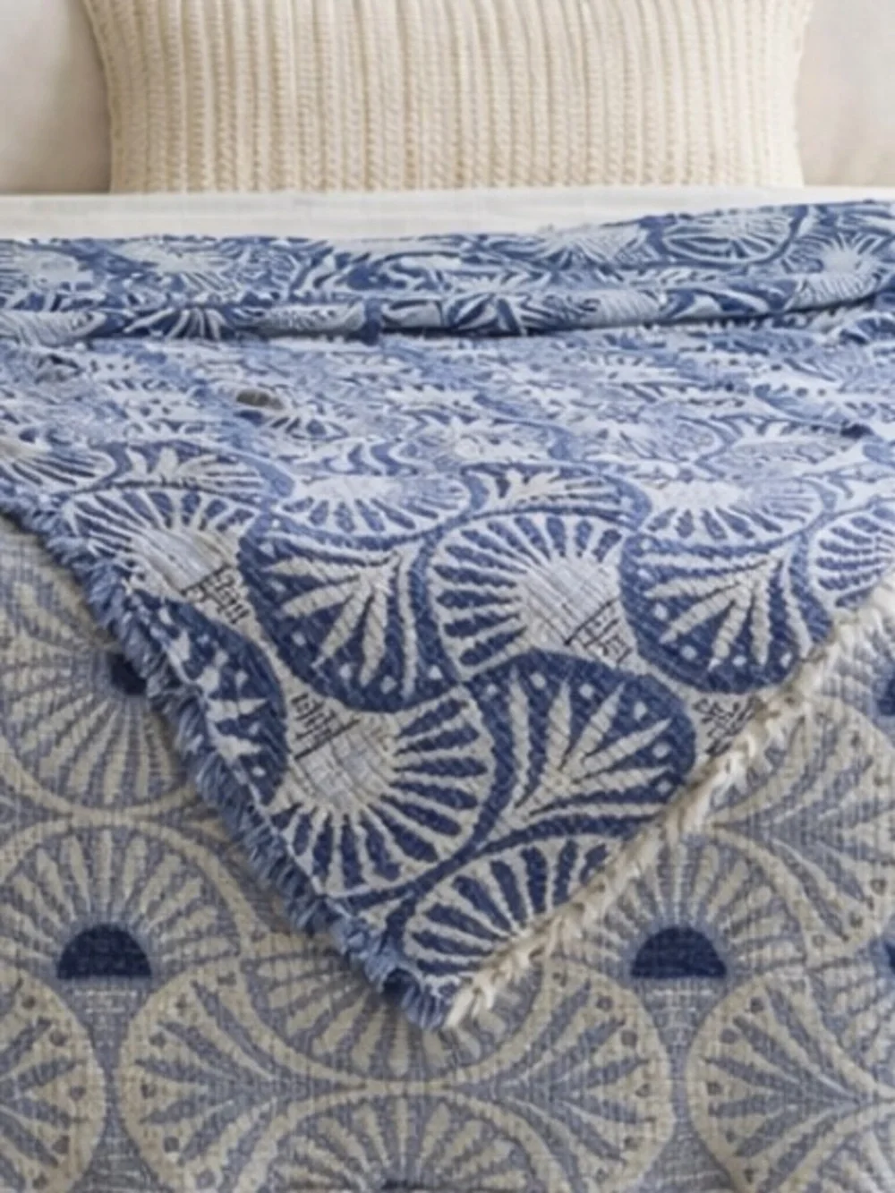 Nantucket Blue Gingko King Bedspread Woven Coastal Heritage Reversible Jacquard